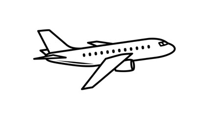 A simple black and white outline illustration of a passenger jet airplane in flight, showcasing its wings, fuselage, and tail, perfect for travel and aviation themes