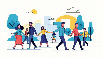 Diverse group of people walking hand-in-hand in a stylized city park, representing community, connection, and urban lifestyle with trees and buildings in the background