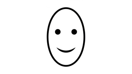 A simple, minimalist, black and white icon of an oval face with two black dots for eyes and a curved line for a mouth, representing a happy or content expression