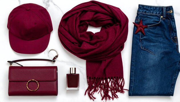 Assorted, stylish accessories, including a cap, scarf, and jeans
