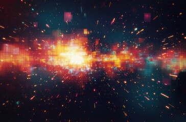 Bright digital explosion of multicolored pixels and light particles radiating outward on a dark background conveying dynamic energy and futuristic technology