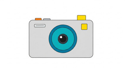 A stylized, minimalist graphic illustration of a digital camera, featuring a blue lens and orange and yellow accents on a white background