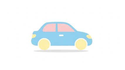 A minimalist and simplified illustration of a light blue sedan car with pink-tinted windows and yellow circular wheels, presented on a plain white background with subtle shading