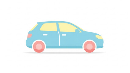 A simple cartoon drawing of a light blue car with red wheels, parked in a white background, representing transportation and personal vehicles