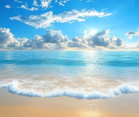 Obraz premium calm ocean waves gently washing onto a sandy beach under a bright sunny sky with scattered clouds