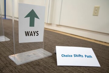 Two signs with an upward arrow and text indicating a path