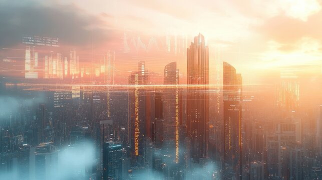 Futuristic city skyline with tall skyscrapers glowing in warm light under a cloudy sky with digital data overlays creating a high-tech atmosphere