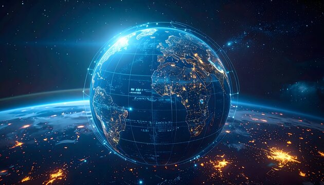 A digital globe with illuminated cities and a data overlay floats in space, representing global network, communication, technology, and connectivity.