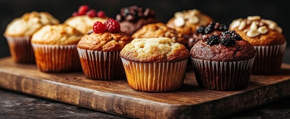 Close-up of assorted freshly baked muffins with different toppings arranged on a rustic wooden board evoking warmth and indulgence