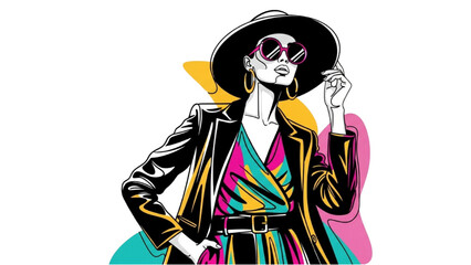 High-Quality Colorful Continuous Black Line Art of Stylish Young Woman Wearing Hat or Sunglasses – Confidence and Fashion Elegance