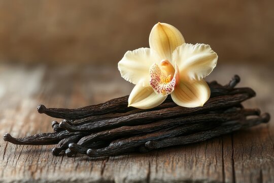 close-up of dried vanilla pods topped with a delicate creamy yellow orchid flower on rustic wooden surface