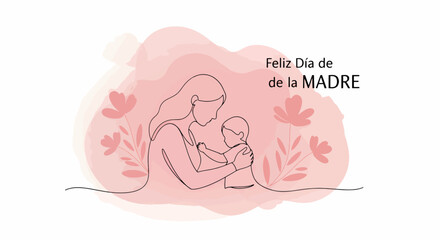 Mother and Child Illustration Celebrating Mother's Day with Pink Floral Accents