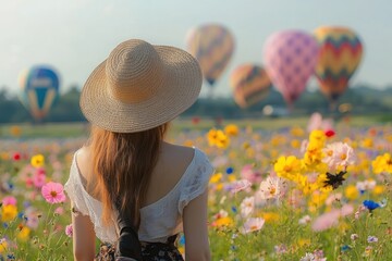 Woman wearing a large straw hat and white lace top standing in a colorful flower field watching several hot air balloons in the sky on a sunny day