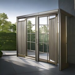 Fototapeta premium Modern, glass-paned doors open to a sunlit garden patio