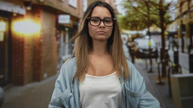 Woman with glasses and yellow nails, thumbs pointing to self on street while wearing denim shirt and white tank top; confidence boldness.