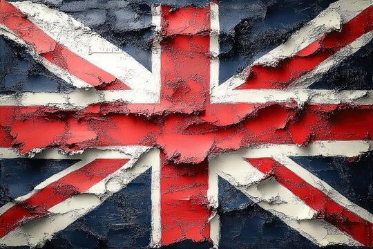 Peeling and weathered paint of a union jack flag on a rough textured surface showing layers and decay