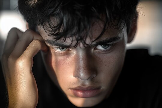 Close-up of a young man with intense gaze and furrowed brows, resting his head on his hand in a contemplative and serious mood