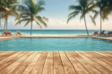Fototapeta premium Empty outdoor swimming pool with clear turquoise water surrounded by a wooden deck and palm trees with ocean view under a bright sky
