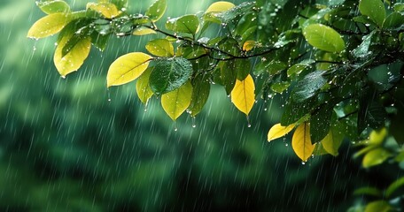 Green and yellow leaves covered with raindrops on a branch during a gentle rain shower with a blurred dark green background