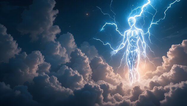 "Lightning elemental spirit emerging from clouds, made entirely of electricity and light, celestial atmosphere"
