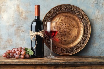 A bottle of red wine tied with twine, a glass of red wine, red grapes with leaves, and an ornate decorative metal plate on a rustic wooden surface against a textured blue wall
