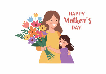 Happy Mother and Daughter Embracing with Flowers