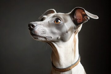 close-up portrait of a focused grey and white dog with alert ears wearing a brown collar against dark background