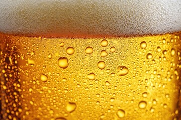 Close-up of golden beer with bubbles and frothy white foam on top creating refreshing and inviting appearance