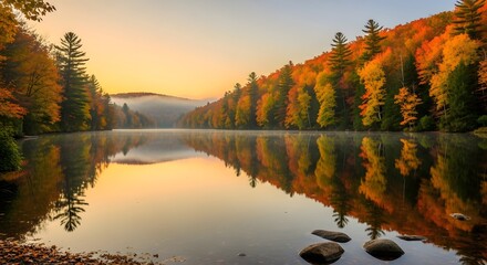 Obraz premium Autumnal Lake Reflection Forest Trees Scenery Fall Foliage Water Landscape
