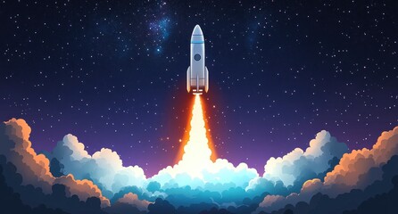 Fototapeta premium Rocket launching into a starry night sky with bright flames and thick clouds illuminated by the fiery exhaust beneath