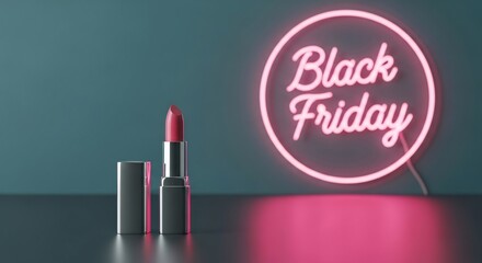 Elegant Black Friday promo.  Pink lipstick with neon sign perfect for cosmetics sales, beauty deals, makeup promotions, festive advertising and holiday marketing campaigns.