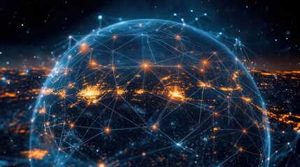 Glowing network of interconnected points forming a digital globe over a cityscape at night, representing global communication and data exchange