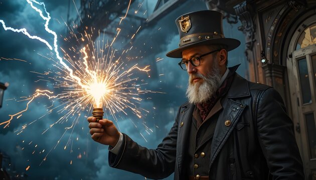 "Steampunk inventor controlling weather with lightning-powered device, sparks flying, copper and brass tones"
