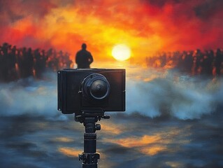 Vintage camera on tripod capturing a dramatic sunset over the ocean with silhouetted figure and blurred crowd in the background