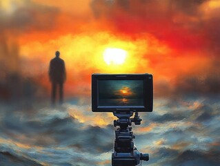 Camera capturing a vibrant orange and yellow sunset over cloudy skies with a silhouetted person in the background, evoking a sense of solitude and contemplation