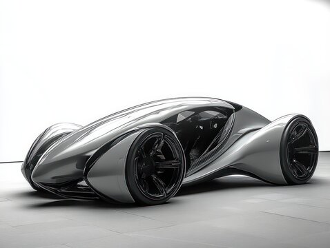 sleek futuristic silver and black concept car with aerodynamic design and large glossy wheels in minimalistic white environment
