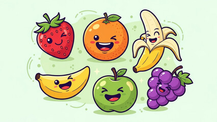 Cute cartoon fruits with happy faces in a whimsical illustration. A fun and adorable image of various smiling fruits, perfect for design and more