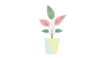 Illustration of a potted plant with green and pink leaves in a simple, modern design, ideal for home decor, featuring a geometric patterned pot