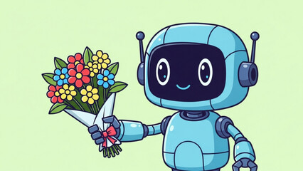 A Friendly AI Companion Digital Robot Delivers a Vibrant Bouquet of Flowers, Symbolizing Tech & Nature Harmony with Artistic Flair