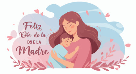 Mother and Child Hugging in Soft Pink and Blue Colors for Mother Day Celebration