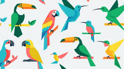 Colorful Bird Pattern Vibrant Illustrations of Tropical Birds in Various Poses, Perfect for Creative Designs and Decorative Projects