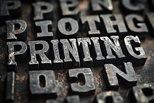 Close-up of vintage letterpress blocks spelling the word printing with textured metallic letters on a worn surface