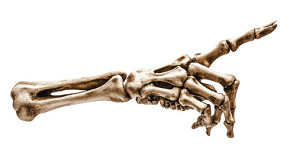 A skeletal hand with a long, curved bone extending from the wrist to the hand, pointing towards the viewer.