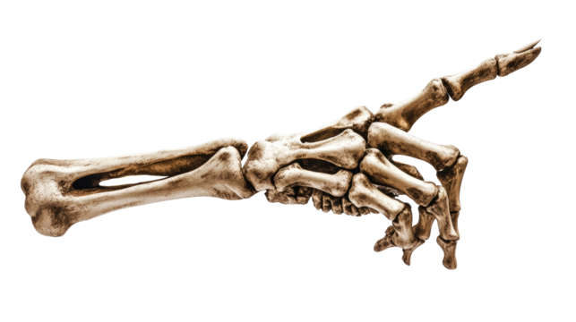 A skeletal hand with a long, curved bone extending from the wrist to the hand, pointing towards the viewer.