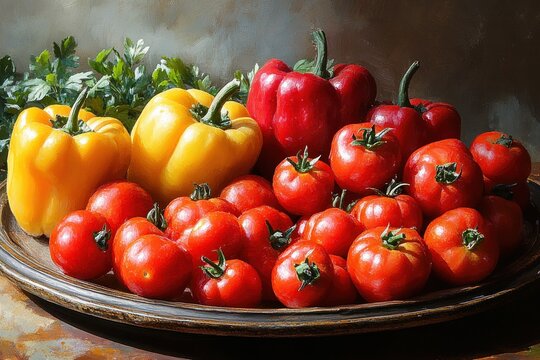 A rustic wooden plate filled with fresh red cherry tomatoes, red bell peppers, yellow bell peppers, and green parsley on a muted background - Powered by Adobe