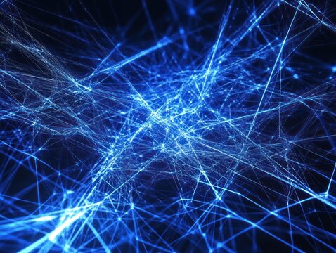 Abstract network of interconnected glowing blue lines and nodes on a dark background conveying technology and connectivity