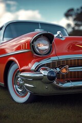 Fototapeta premium Close-up of a shiny vintage red classic car's front headlight, chrome bumper, and whitewall tire on a grassy field under a cloudy sky