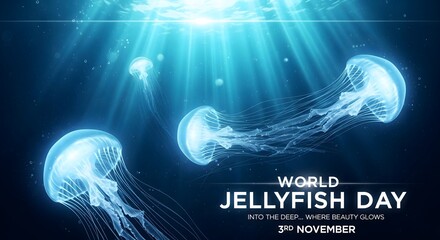 World jellyfish day celebration with glowing jellyfish in deep blue ocean