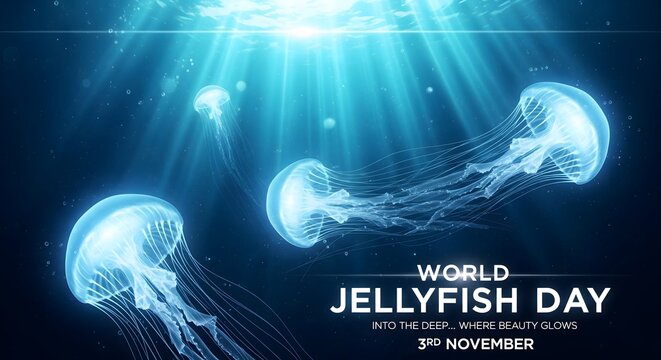 World jellyfish day celebration with glowing jellyfish in deep blue ocean - Powered by Adobe