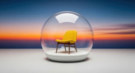 Yellow Chair Encased in Glass Dome Against Sunset Sky Still Life